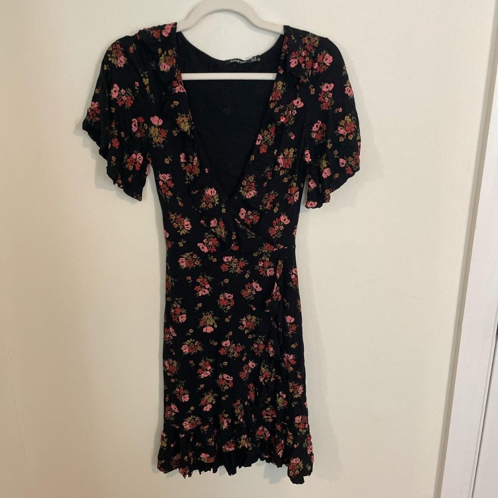 Boohoo Black Floral Ruffle Wrap Dress
